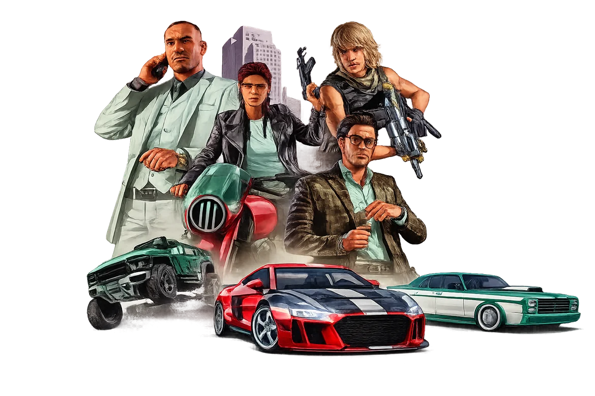 Illustration der Paradise-Online-Spielwelt mit Charakteren und Fahrzeugen